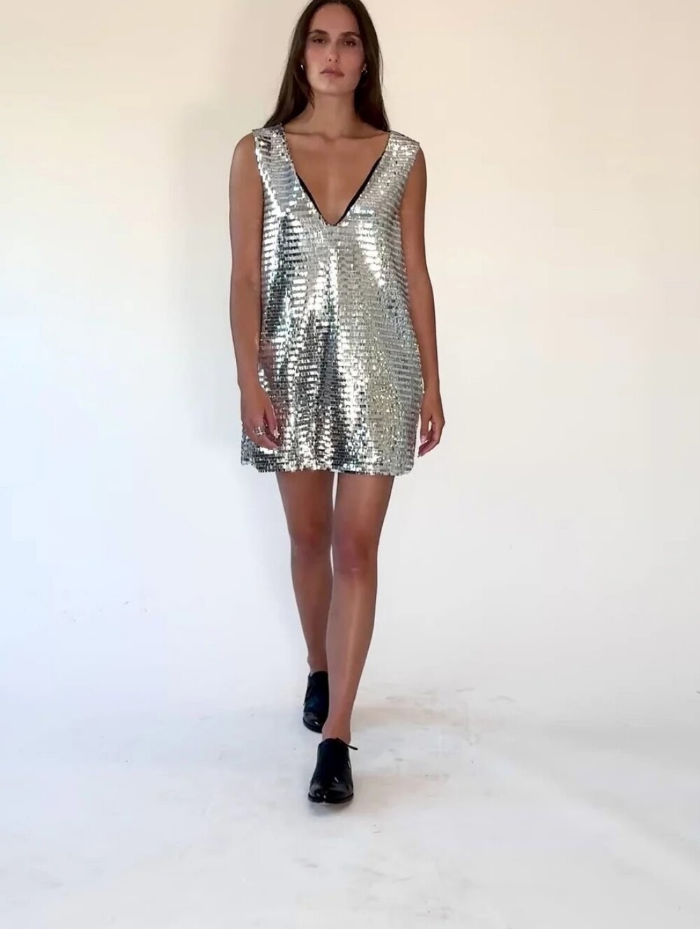 Ripley Rader Los Angeles Silver Piano Sequin V-Neck Mini Dress